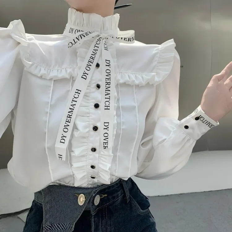 Женская блузка с длинным рукавом элегантная белая воротником-стойкой бантом и