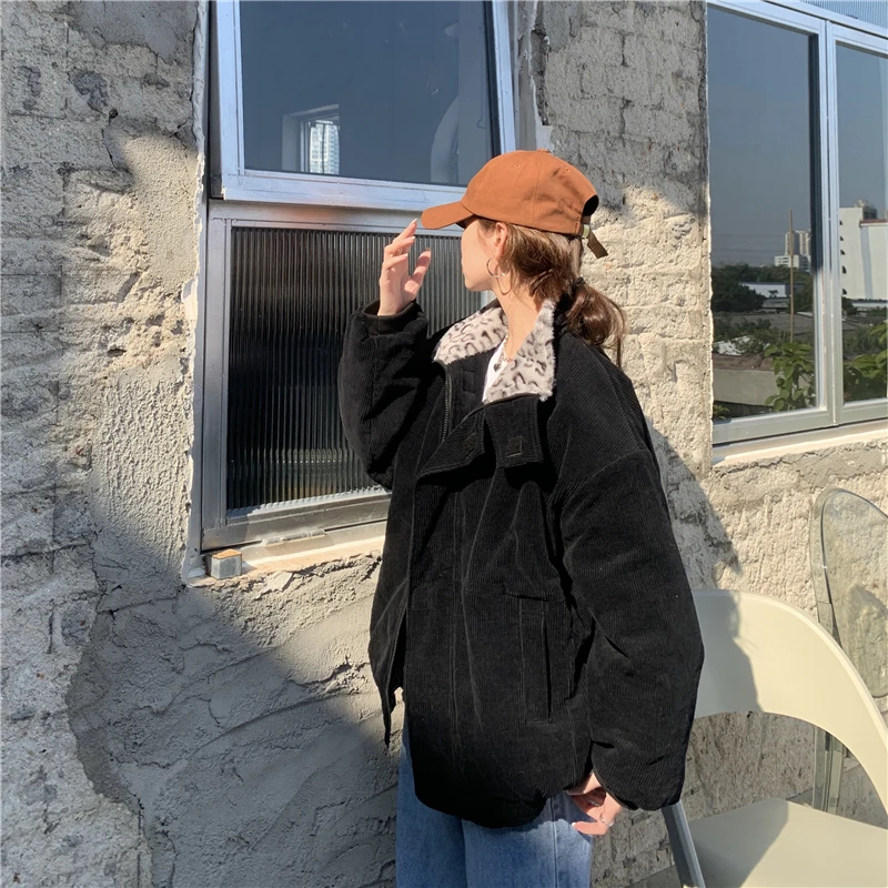 2022 New Autumn and Winter Leopard Print Patchwork Ladies Jacket Corduroy Warmth Thick Loose Casual Jacket Women Elegant Top