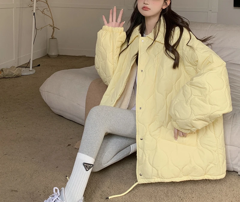 Solid Color Cotton Jacket Women 2022 Autumn Winter Long Sleeve Bread Sweet Overcoat Casual Loose Korean Women's Retro Lapel Coat
