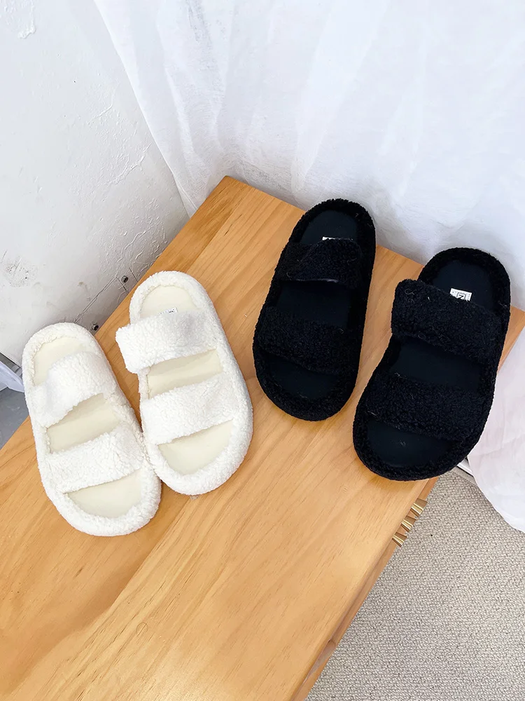 

Shoes Woman 2022 Slippers Flat Flock Luxury Slides Platform Fur Flip Flops Pantofle Designer Plush New Soft Fretwork Rubber with