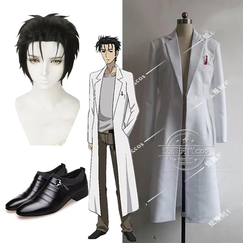 

Anime Steins Gate Okabe Rintarou Cosplay Costume Coat Long Jacket White Jacket Cosplay Black Wig Shoes For Halloween Party Cos