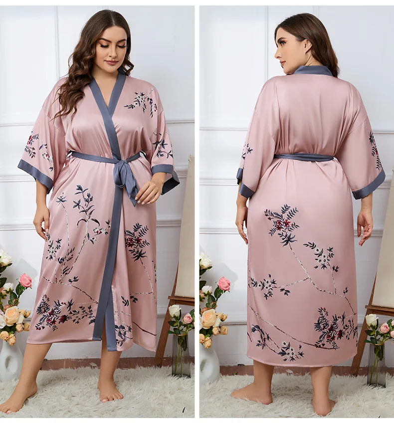 Plus Size Women Pajamas Satin Summer Light Luxury Ice Silk Cool Sense Long Bathrobe Soomth Loungewear Wedding Bride Kimono Robe