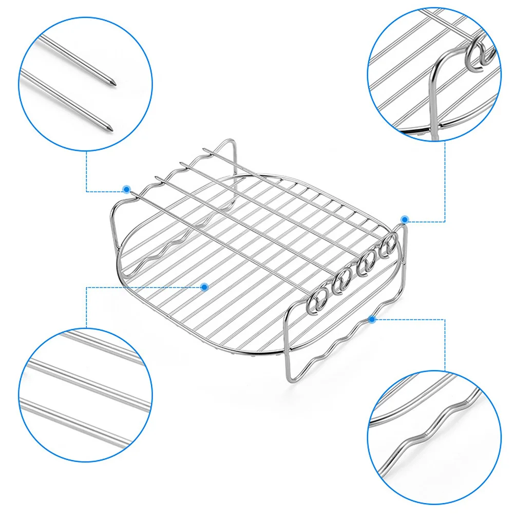 

Air Fryer Double Layer Grill 17.2x7.2cm Stainless Steel Grill Rack With Skewers Baking Tray AirFryers Holder Kitchen Accessories