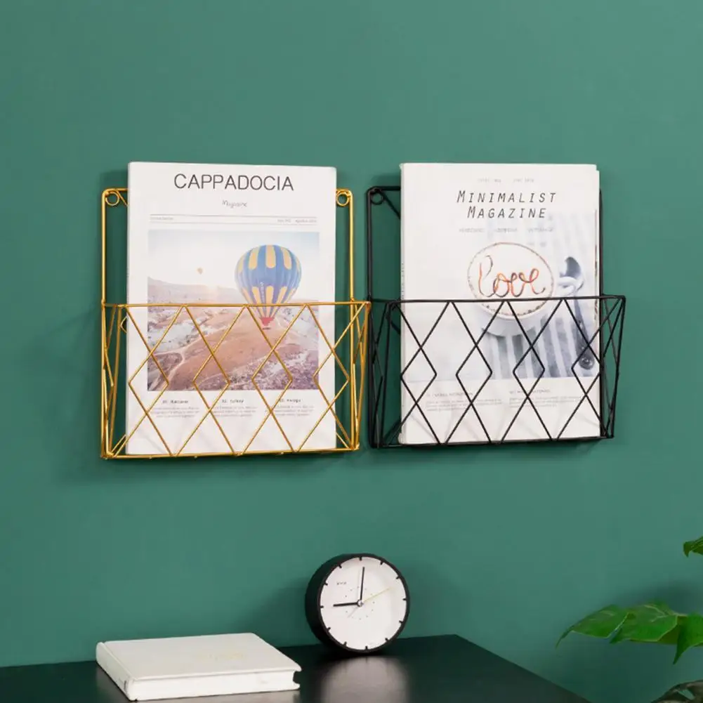 

Wall Mounted Magazines Storage Rack Hollow Book Wall Shelf Space-saving Bookcase Grid Design Newspaper Holder for Study Room