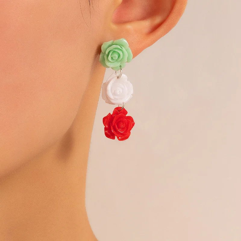 

New 2022 Ethnic Style Resin Colored Rose Ear Stud Stereo Flower Earrings