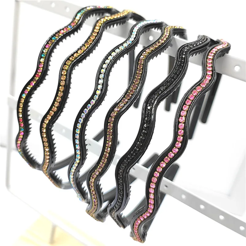 

1pc Women Hair Band Wavy Hair Hoop Rhinestone Hair Accessories Black Plastic Hairband Bezel Headband Shiny Headdress