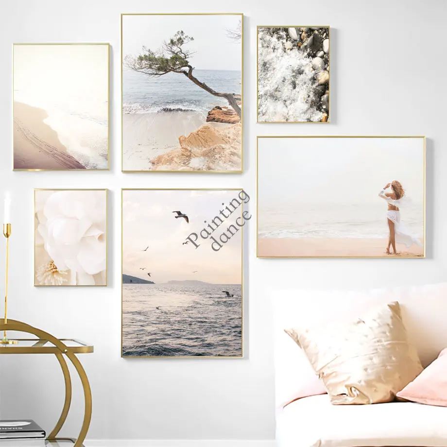 

Постеры и принты для путешествий с изображением девушки моря чайки дерева скандинавские постеры и принты на холсте настенные картины для г...