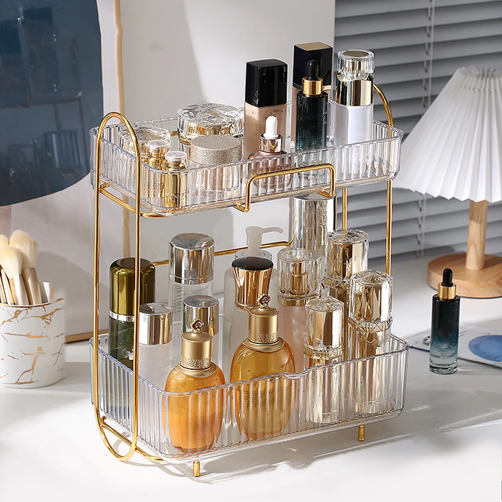 

2 Tier Vanity Trays Waterproof Metal Handle Skincare Makeup Organizer Tray Vanity Organizer Storage Rack for Bedroom Living Room