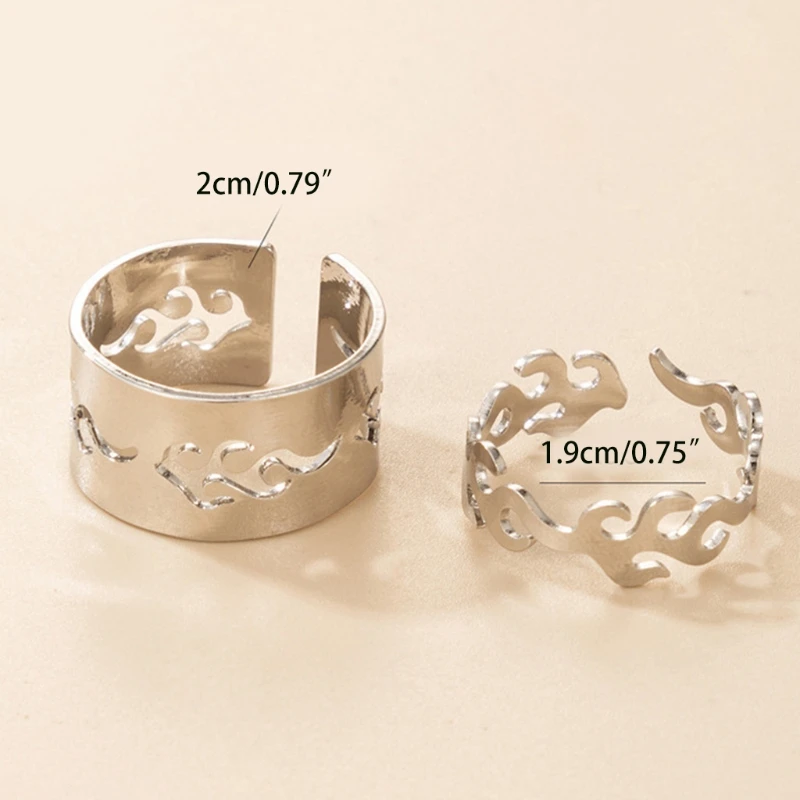

2 Pcs/Pack Trendy Silver Color Flame Rings for Women Men Lover Couple Rings Set Friendship Engagement Open Rings Jewelry