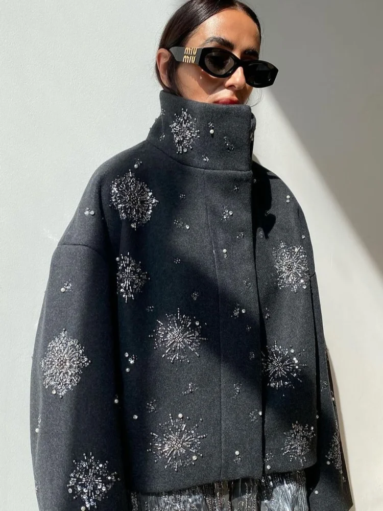 Роскошное шикарное пальто с бисером женское свободное однобортное шерстяное