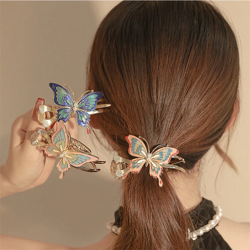 

2022 New Painted Butterfly Hairpin Female Back Head High Ponytail Clip Fashion Antique Claw Clip Suitable for Girls Headdress