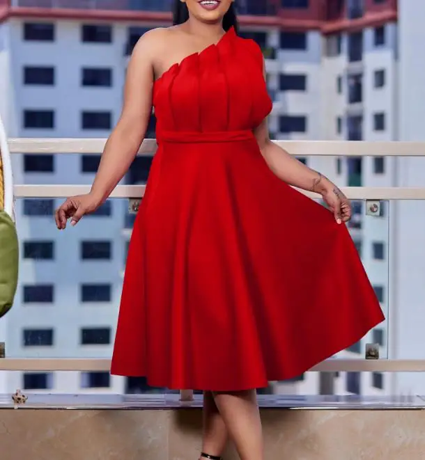 

Women's Dress 2023 Fashion Party Solid Sexy One Shoulder Sleeveless High Waist Pleated Elegant Evening Dresses