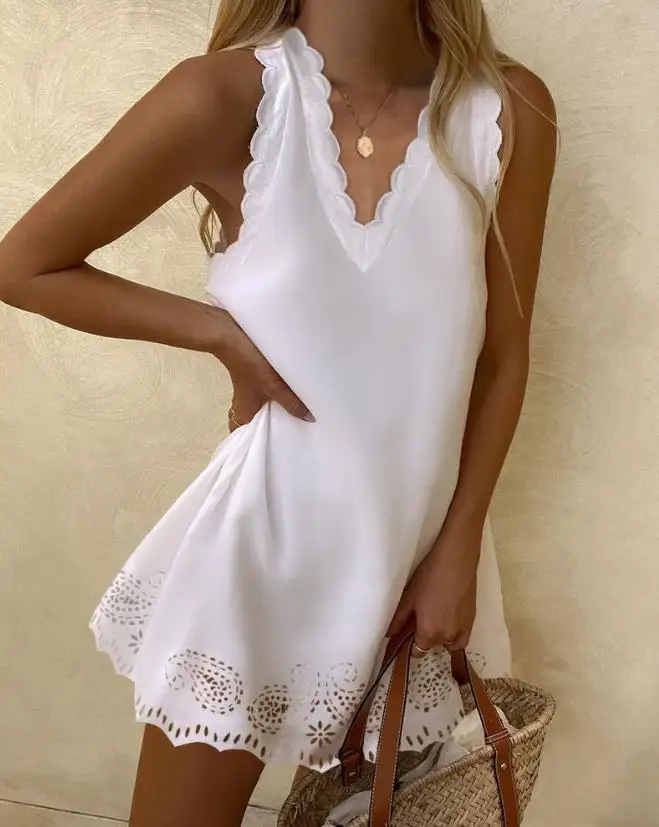 

Women's Dresses 2023 Summer Fashion Sleeveless Hollow Out Scallop Trim Casual V-Neck Plain Daily Vacation Mini Smock Dress