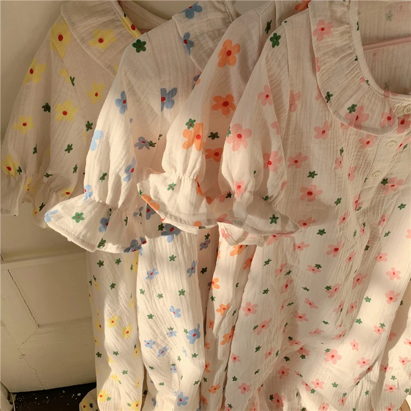 Kawaii Flowers Print Summer Nightgown Women O-Neck Ruffles Short Sleeve Pink Floral Long Sleepwear Night Dress 100% Cotton