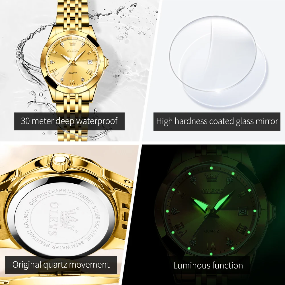 OLEVS Rhombus Mirror Watch for Women Luxury Brand Waterproof Stainless Steel Quartz Gold Female Wristwatches Montre Femme