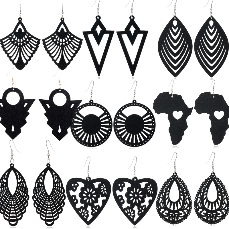 Black Wood Geometric Hollow Carved Statement Earrings for Women Drop Earrings Brincos Fashion Jewelry for Wedding Birthday Gift