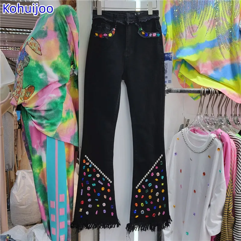 Kohuijoo Black Design Heavy Diamond Flare Jeans Woman 2023 Spring Multicolour High Waist Slim Street Beaded Fashion Jeans