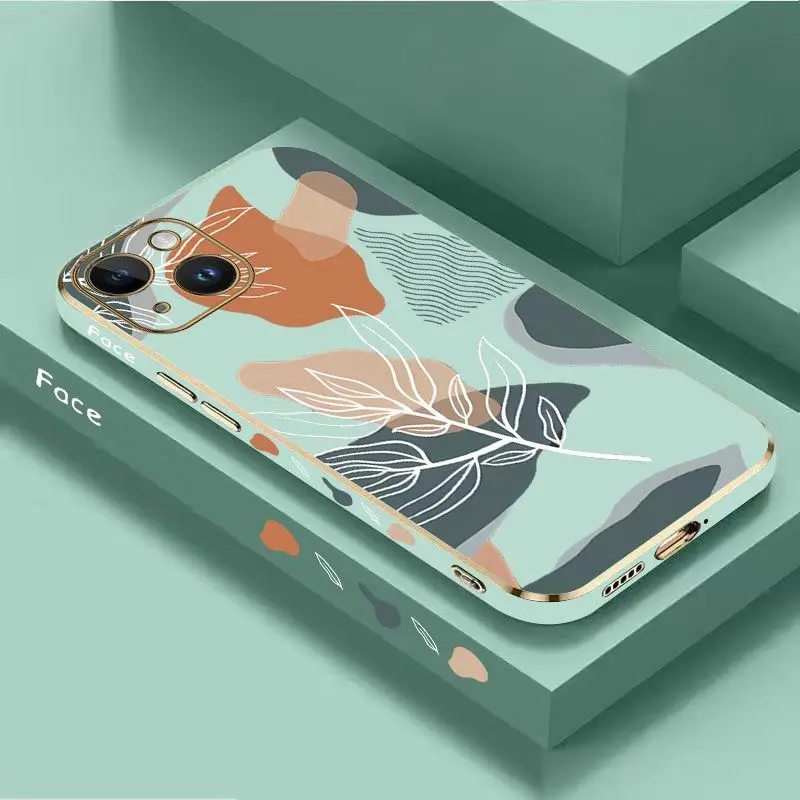 Wavy Leaves Luxury Plating Phone Case For iPhone 14 13 12 11 Plus Pro Max Mini X XR XS SE2020 8 7 6 6S Plus Cover