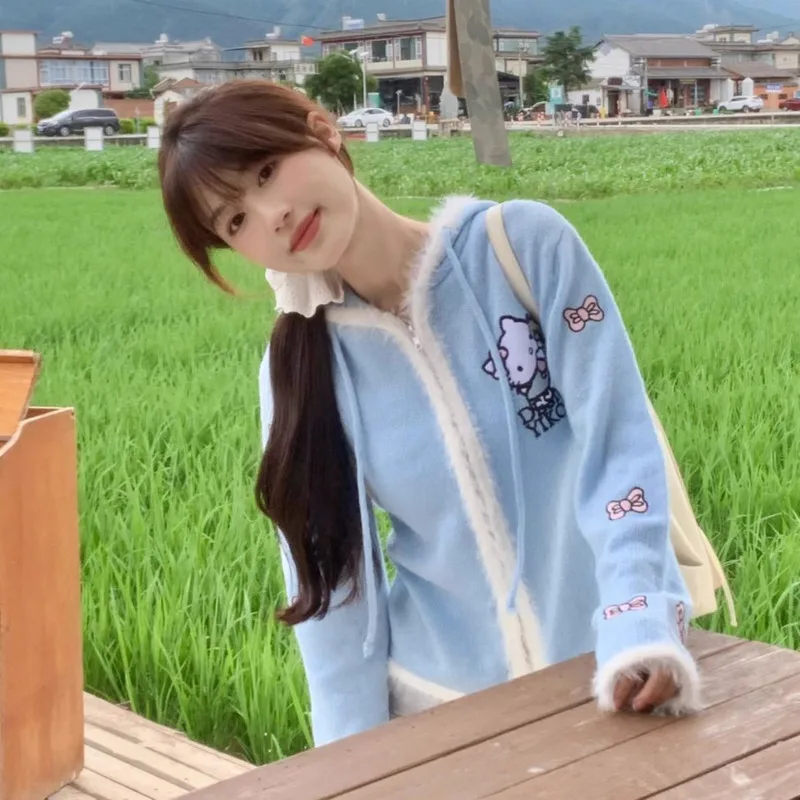 Sanrio Hello Kitty Women Winter Soft Sweet Zipper Hooded Knitted Cardigan Fashion Woolen Sweater Casual Versatile Loose