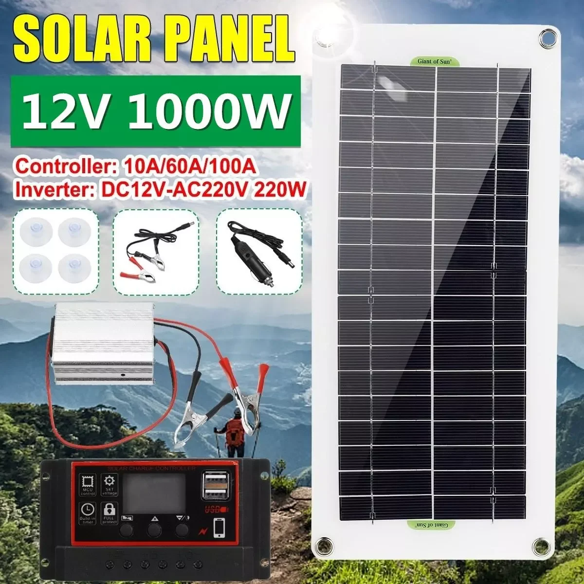 

Solar Power Inverter Solar Panel Dual USB Solar Panel Kit Outdoor Battery Supply Charger+Controller+Inverter 10A/60A/100A