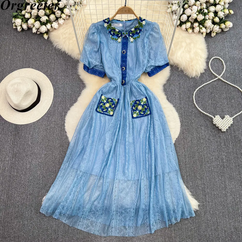 

Французское кружевное платье в стиле ретро с рукавами-фонариками, милое облегающее летнее платье-трапеция средней длины с карманами и воро...