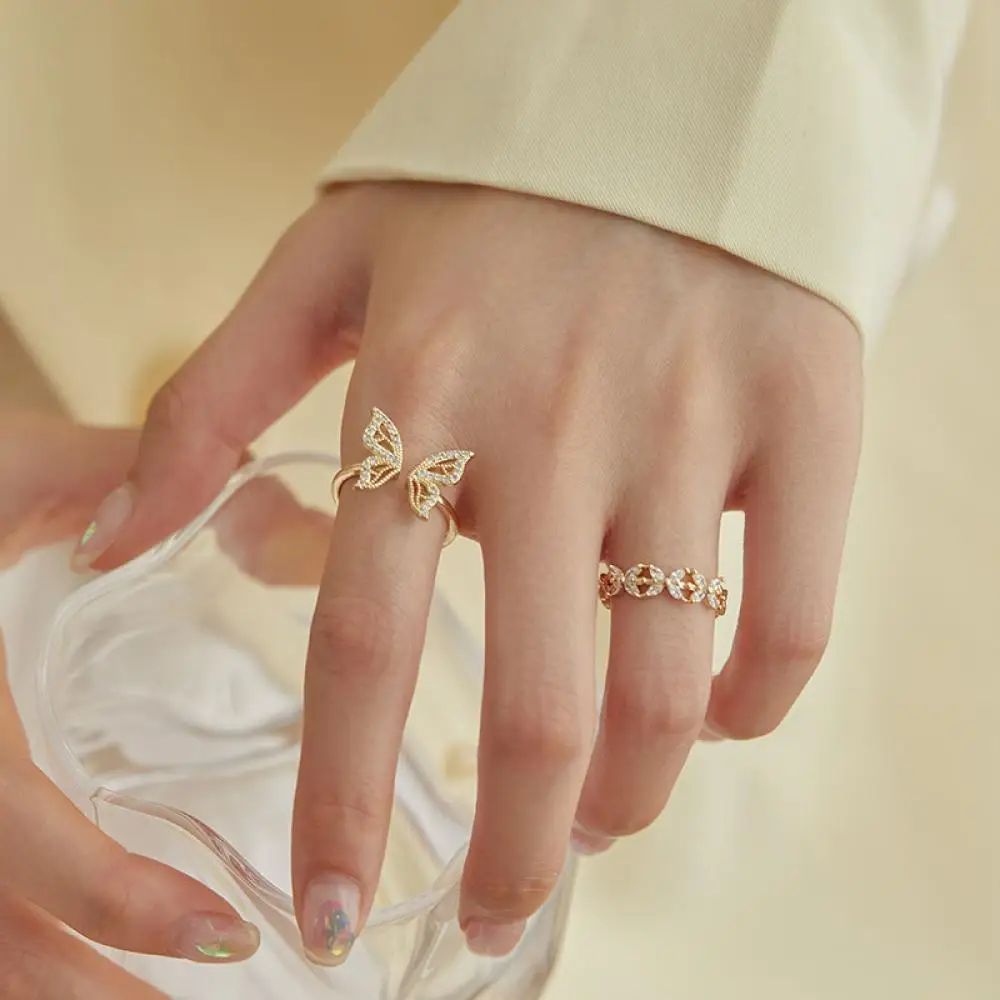 

Fashion Gold Color Zircon Butterfly Open Rings for Women Girls French Trendy Wedding Jewelry Gift Female Index Finger Ring