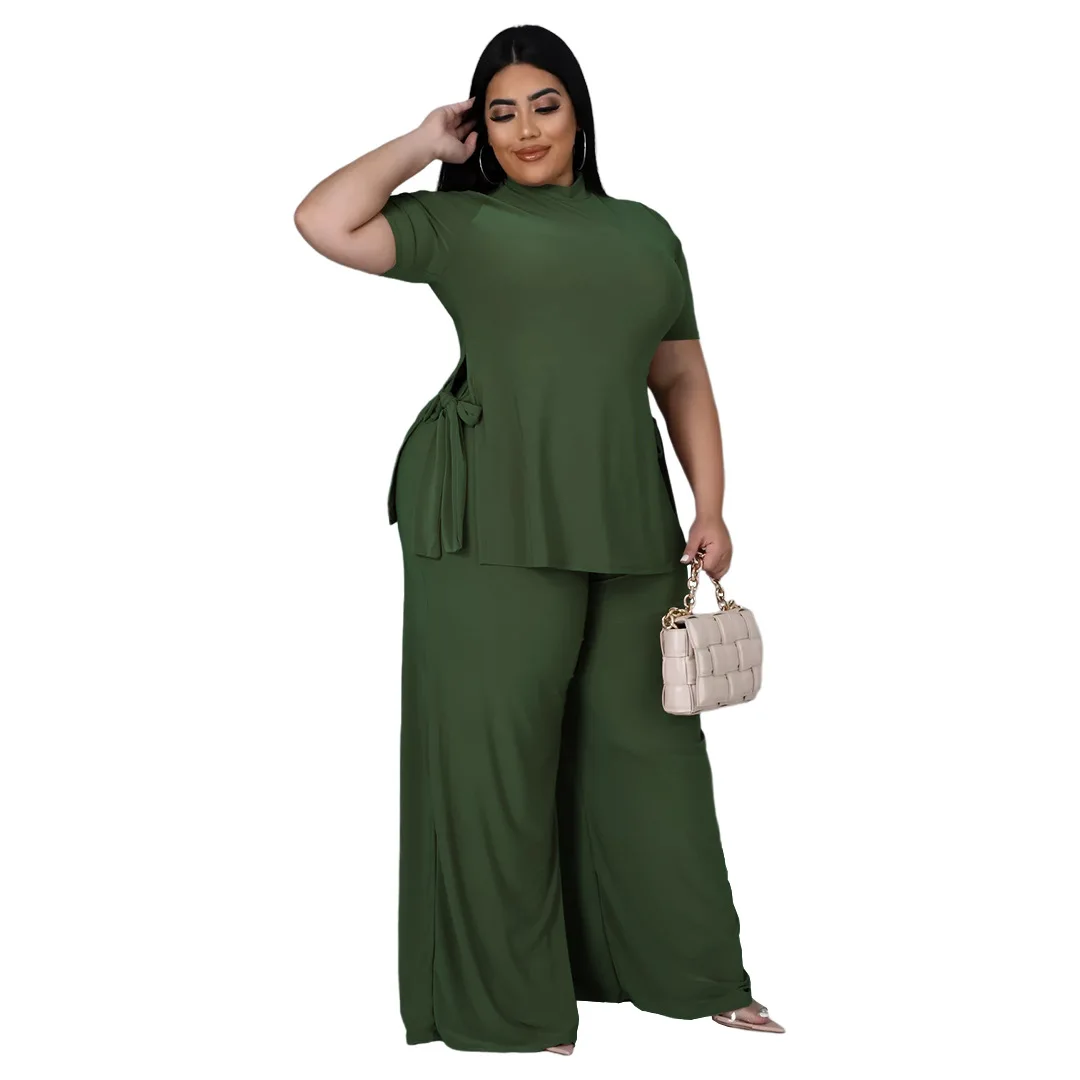 Plus Size Sets Solid Color Short Sleeve Casual Strap Wide Leg PantsTwo-piece Set  Plus Size Women Clothing Two Piece Set Women
