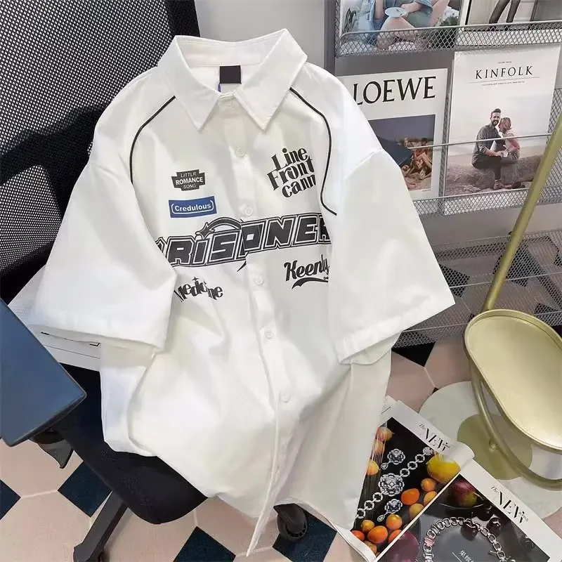 Мужская повседневная рубашка в американском стиле с коротким рукавом и надписью