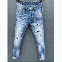 new dsquared2 mens skinny jeans with ripped holes and elastic paint spray blue stitching beggar pants 058