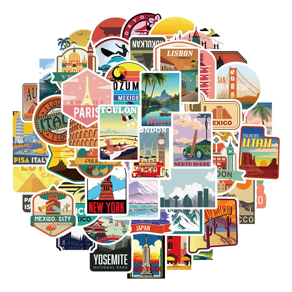 

10/30/50PCS Cartoon Travel Scenery Personality Graffiti Creative Sticker Laptop Mobile Phone Guitar Waterproof Sticker Wholesale
