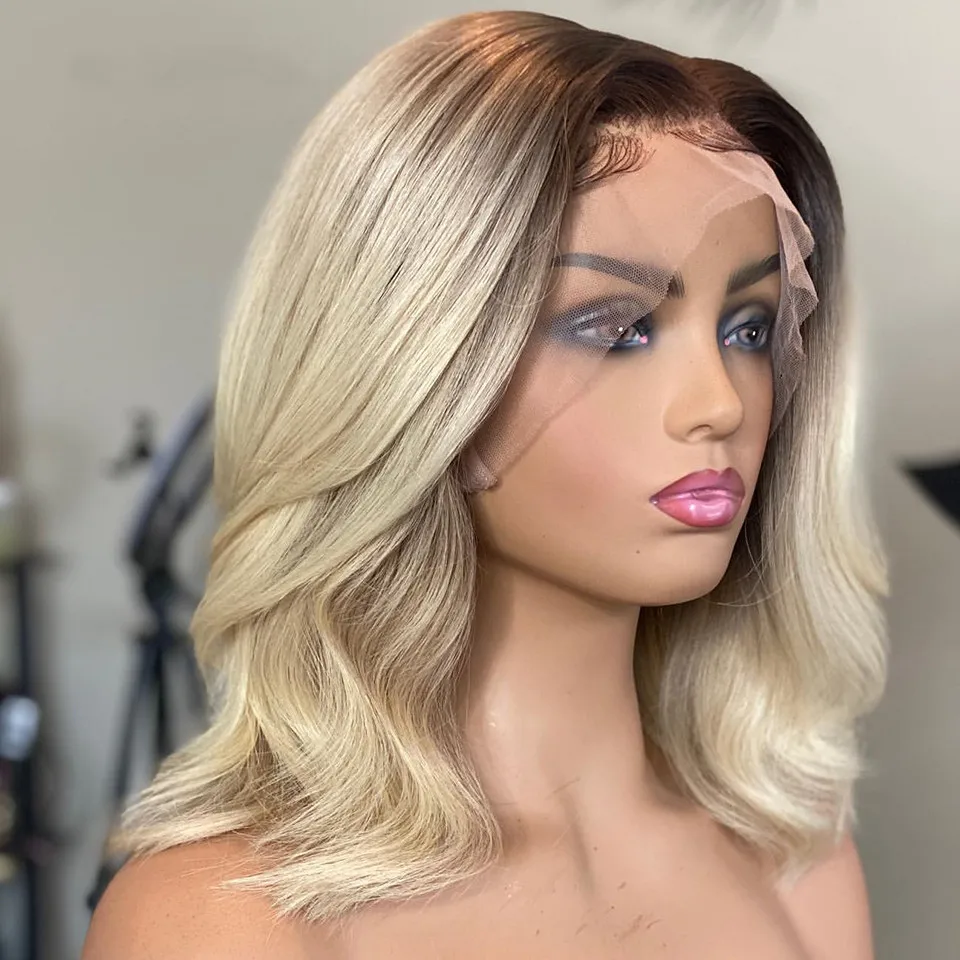 

Ombre Blonde Lace Front Human Hair Wigs For Women Short Body Wave Bob Wig Dark Root Preplucked 13x6 Lace Front Wig Remy Hair 150