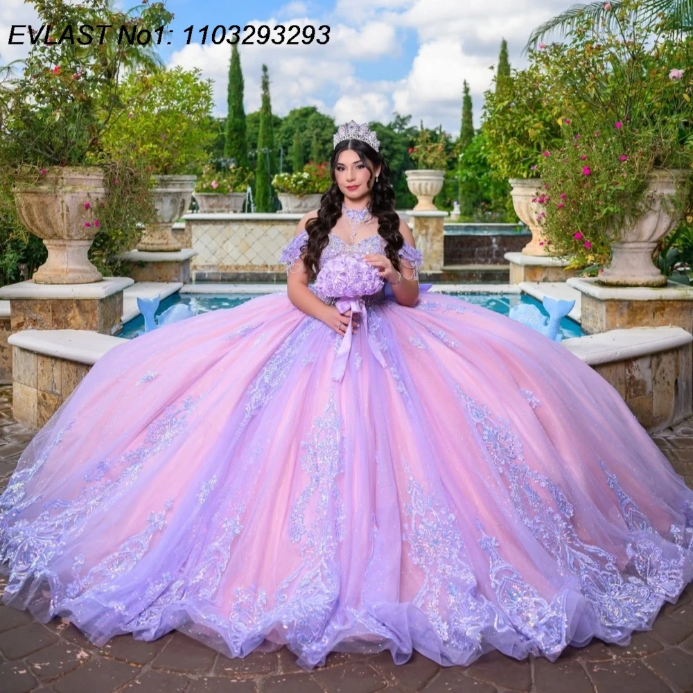 Фото Индивидуальное блестящее сиреневое бальное платье EVLAST для Quinceanera с кружевными аппликациями, бисером, бантом и корсетом, для Sweet 16, Vestidos De 15 Anos AQ249 №5