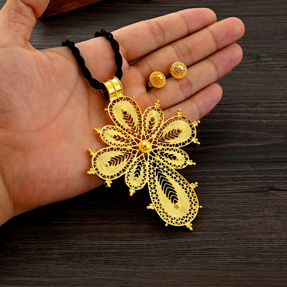 

Ethiopian Big Cross Collar Round Pendant & 1CM Small Earrings Africa Birthday Jewelry Sets Eritrean Habesha