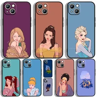 beautiful princess phone case for apple iphone 11 12 13 14 max mini 5 6 7 8 s se x xr xs pro plus black luxury silicone soft