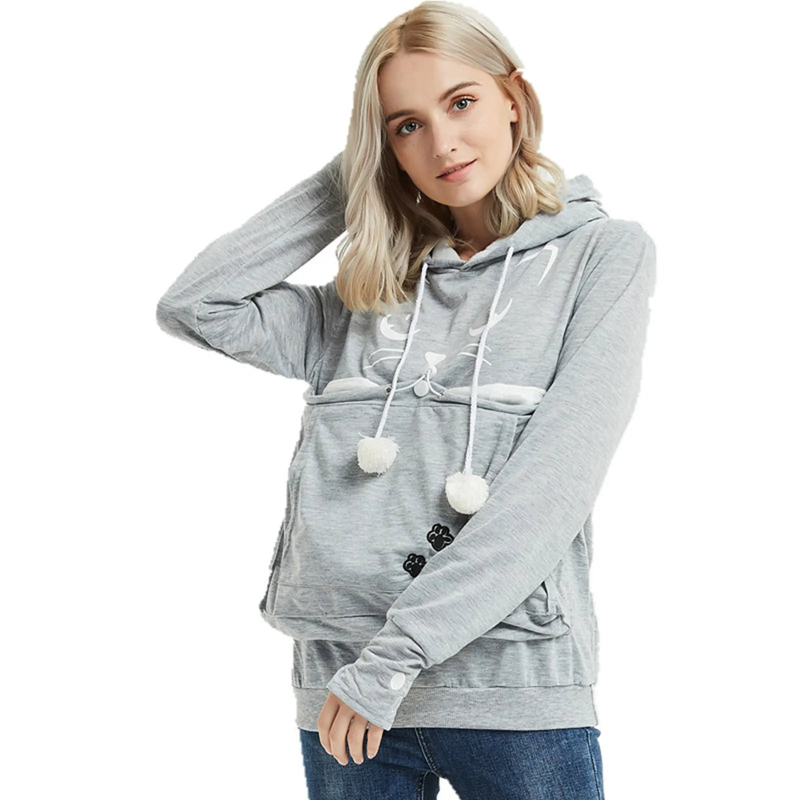

Women's Autumn And Winter Cute Cat Printed Pullover Sweatshirt Fashion Large Pocket Plush Ball Drawstring Hoodie Sweatshirt