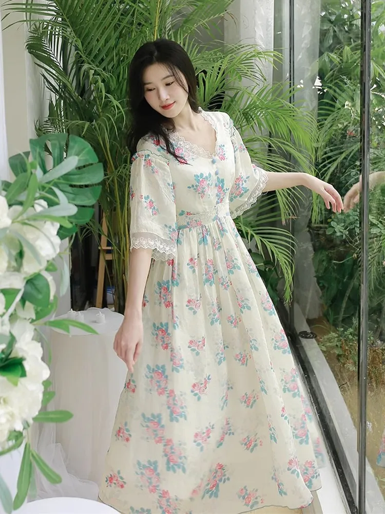 AIGYPTOS Spring Summer Maxi Dress Women Vintage French Romantic Floral Boho Dress Sexy Lace V-Neck Holiday Vacation Long Dress
