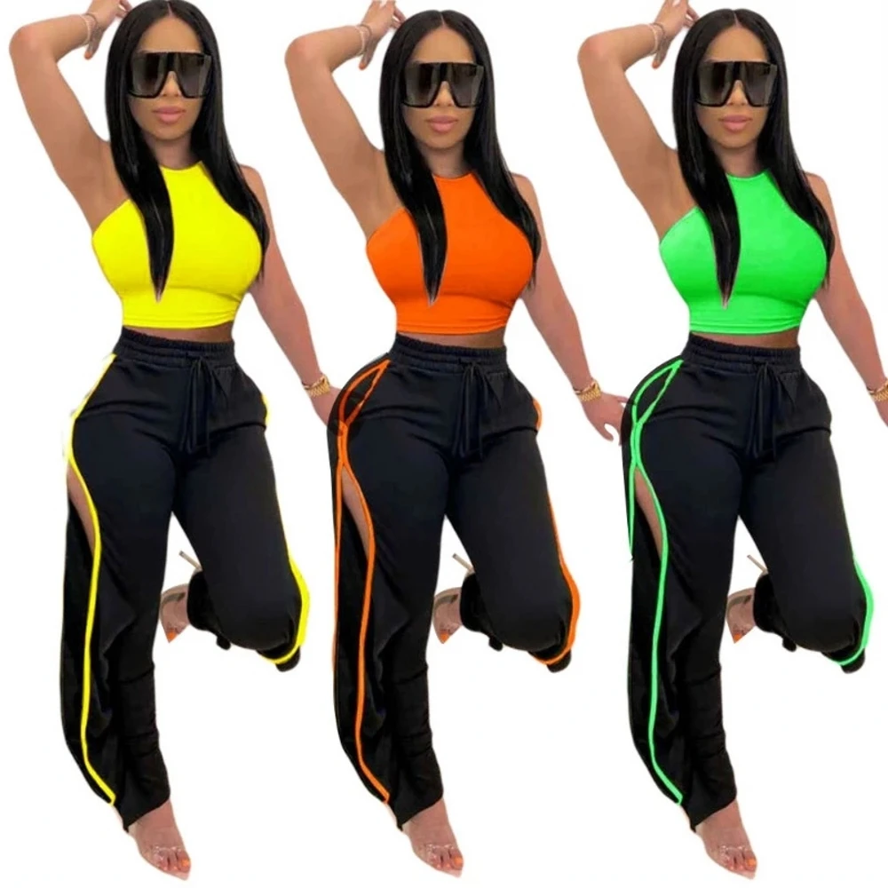 

Women 2 Piece Pants Sets 2021 Solid Crop Tank Tops And Side Split Sweatpants Outfits Woman Two Pieces Sets Tracksuits Female