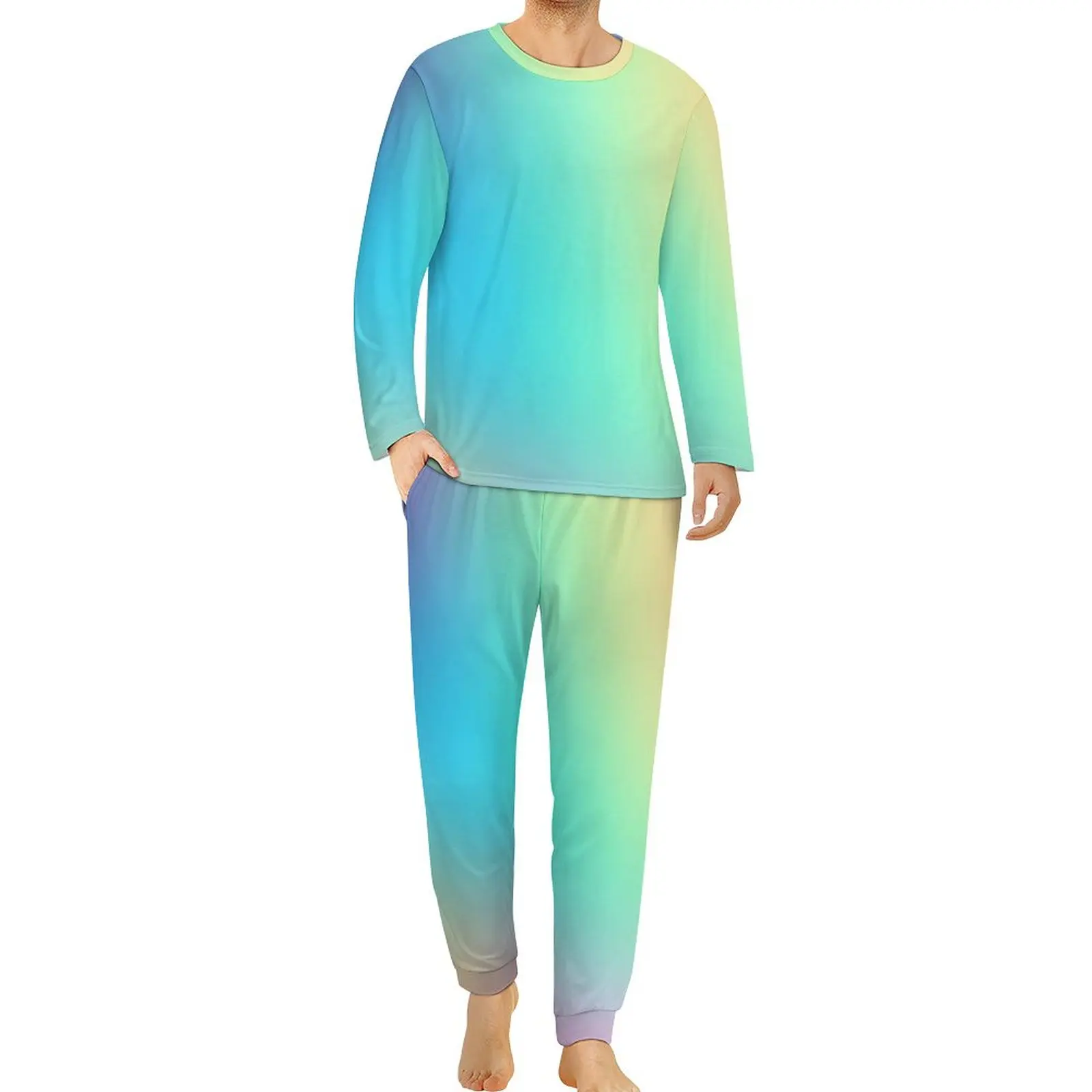 Pastel Ombre Pajamas Men Rainbow Print Lovely Home Suit Spring Long Sleeve 2 Pieces Aesthetic Pajama Sets Big Size 4XL 5XL