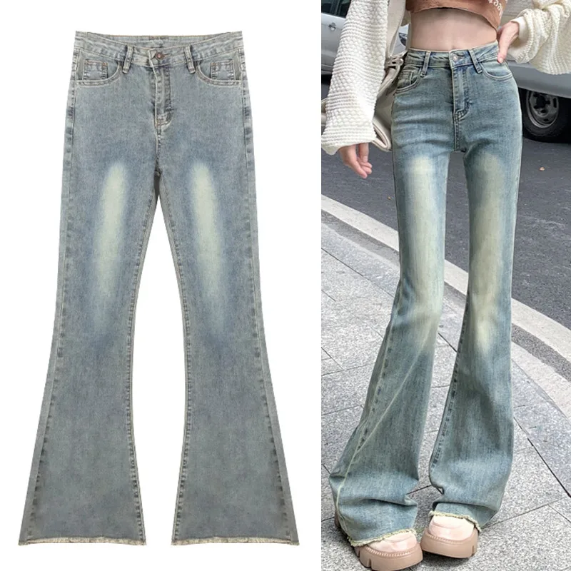 

Женские джинсы-клеш с завышенной талией, винтажные облегающие прямые джинсы в Корейском стиле, повседневные длинные джинсы, весна 2023