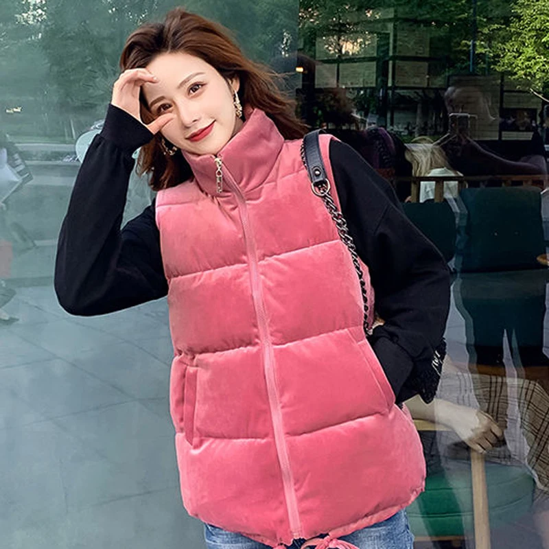 

Женский утепленный жилет, элегантная зимняя утепленная безрукавка в Корейском стиле, черная безрукавка розового цвета