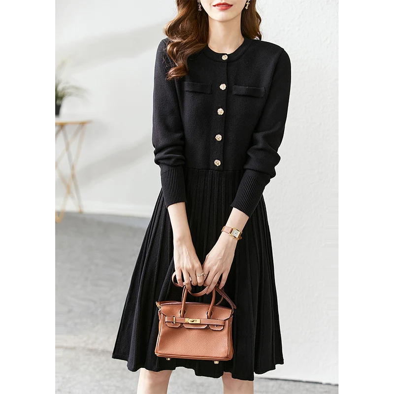 Vimly Elegant Chic Knitted Sweater Dress for Women Autumn Winter 2022 Fashion O Neck Long Sleeve Pleated Dresses Clothing 71203