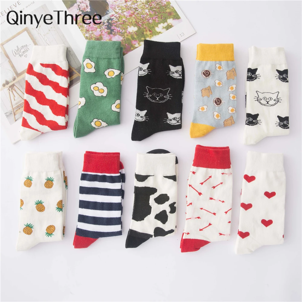 

INS Ulzzang Girls' Happy Funny Cute Cartoon Fruit Animal Harajuku Art Socks Kitten Egg Stripes Heart Pineapple Christmas Gift