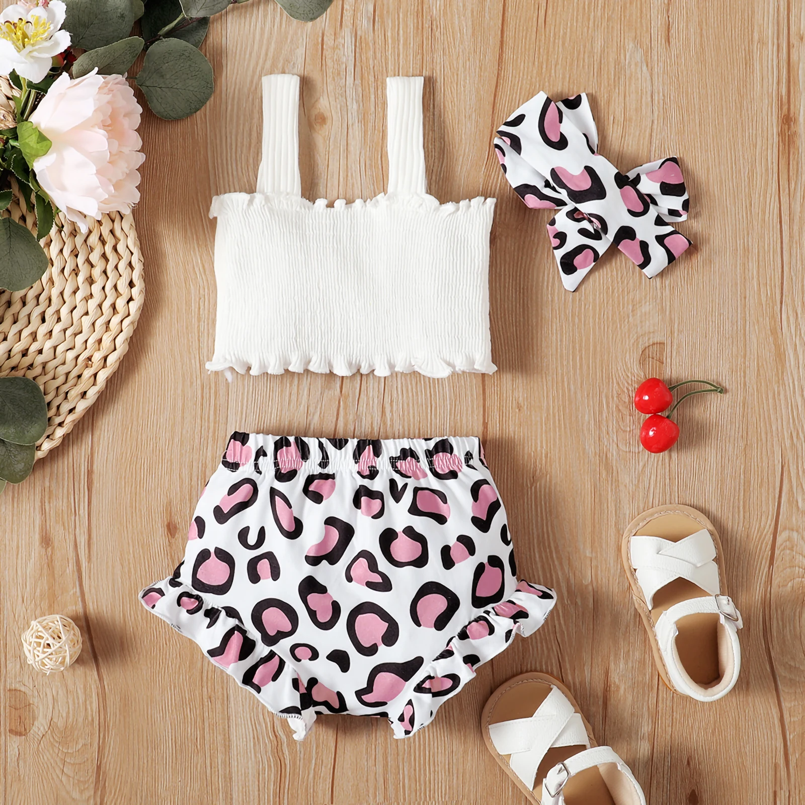 

0-12 Months Sleeveless Clothing Set Baby Tank Tops + Shorts + Hairband, Leopard Pattern Bow Decoration Elastic Waist Summer