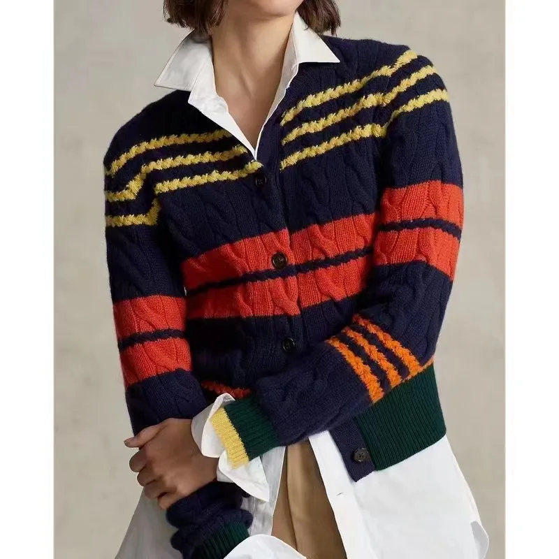 Women Sweater High Quality RL Wool Cardigan Autumn Winter Woman Korean Fashion Color Striped Knitted Jumper Top Sueters De Mujer