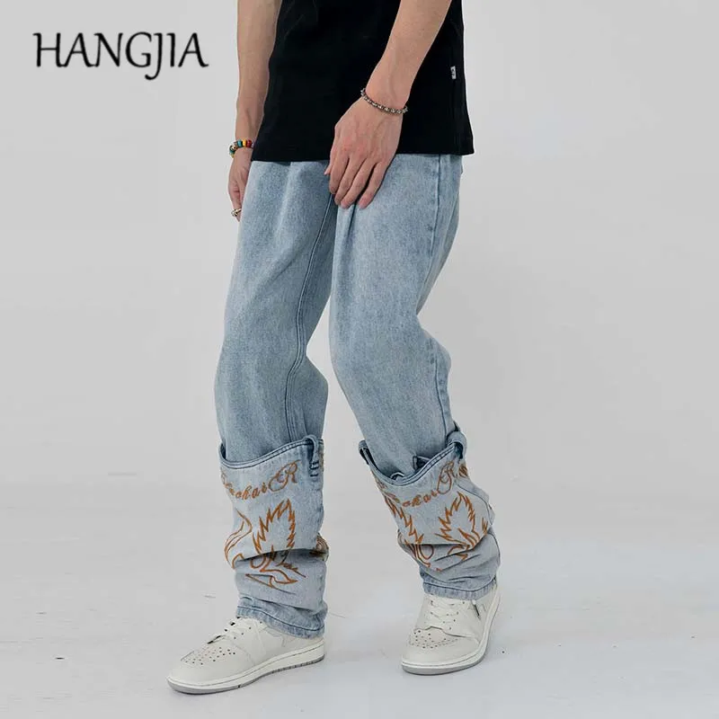 

Hip Hop Embroidery Jeans Black Men's Washed Distressed Detachable Straight Denim Trousers Slim Fit Patchwork Jeans for Men