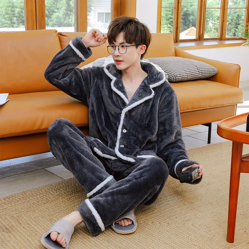 Newest Flannel Men's Winter Thicken Warm Pajamas Sets Male Long Sleeve Trousers Autumn Nightgown Sleepwear Home Clothing