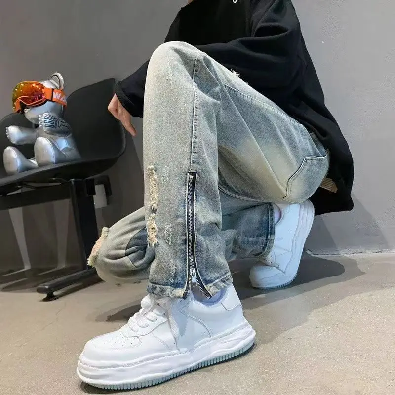 Fashionable American Streetwear Retro Trend Ripped Jeans Men's Zipper High Waist Casual Oversized Straight Pants Women