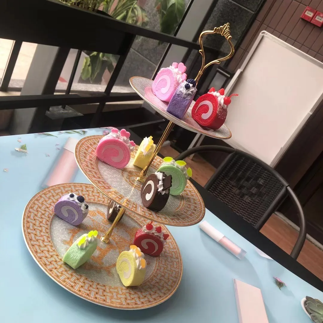 

European Light Luxury Ceramic Golden Trim Double Layer Dessert Table Dim Sum Plate Wedding Cake Birthday Fruit Plate