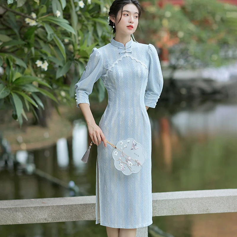 Fresh Sweet Lovely Brocade Cotton Orchid Vertical Stripe Cheongsam Elegant Plain Republican Girl Cheongsams Vintage 20s Dress