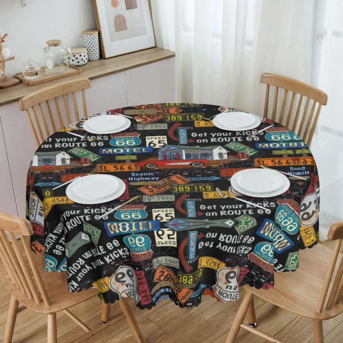 

Round Fitted Vintage America Road Route 66 Table Cloth Oilproof Tablecloth 60 inch Table Cover for Kitchen Dinning